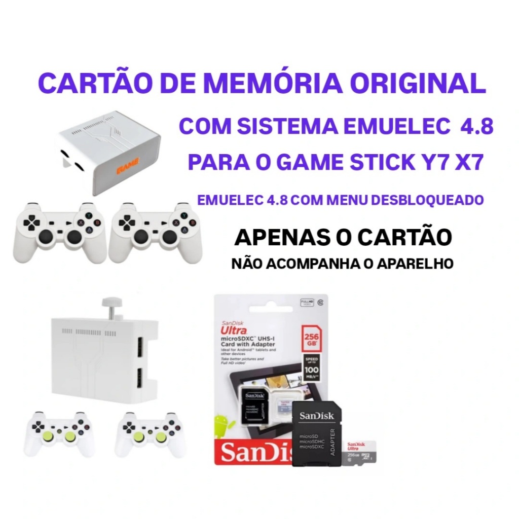 Cartão de Memoria para Game Stick Y7 e X7 Desbloquado Sandisk 256GB EMUELEC 4.8 com PSP PS1 e muito Mais