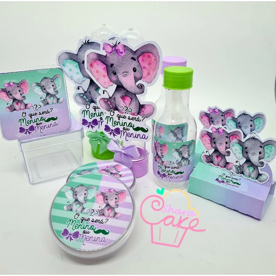 Kit Festa Chá Revelação Elefantinho Verde e Lilás - 100 Peças