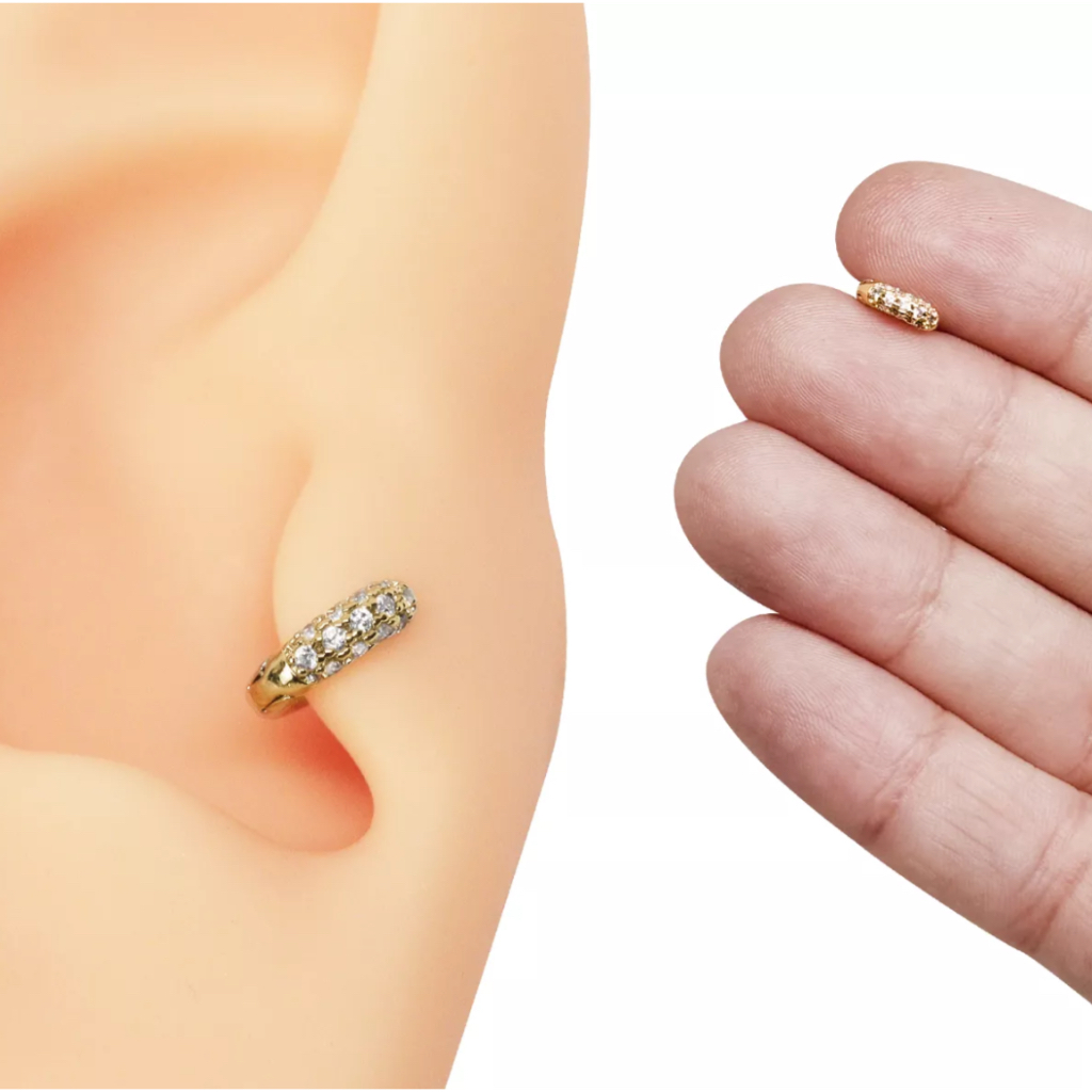 Piercing Trágus Helix Mini Argola 4,8mm Pavê Folheado Click