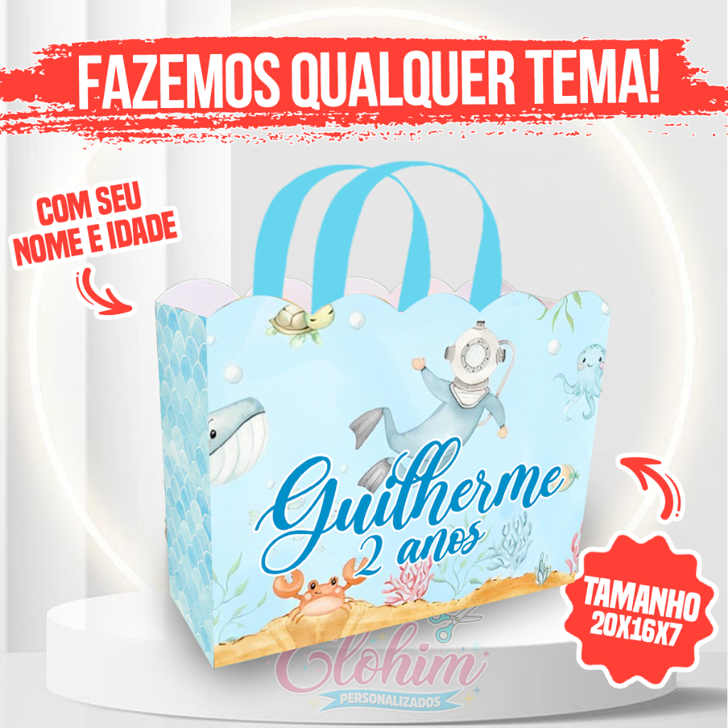 Sacolinha personalizada de papel para festa Horizontal PEGUE E MONTE (TODOS OS TEMA) - Fundo do mar Menino
