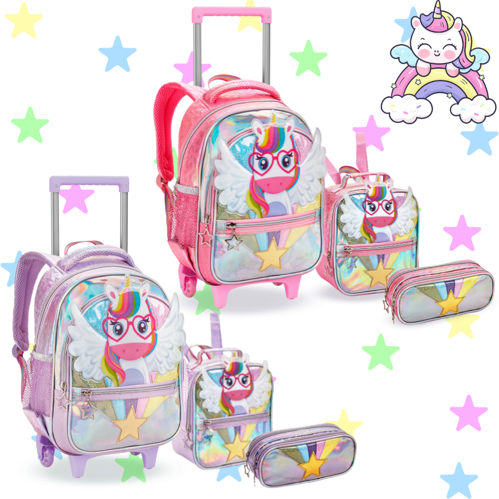 Mochila Infantil Menina Rodinha Escolar Feminina Unicórnio 3D Holográfica Kit Lancheira Térmica e Estojo