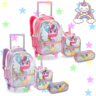 Mochila Infantil Menina Rodinha Escolar Feminina Unicórnio 3D Holográfica Kit Lancheira Térmica e Es