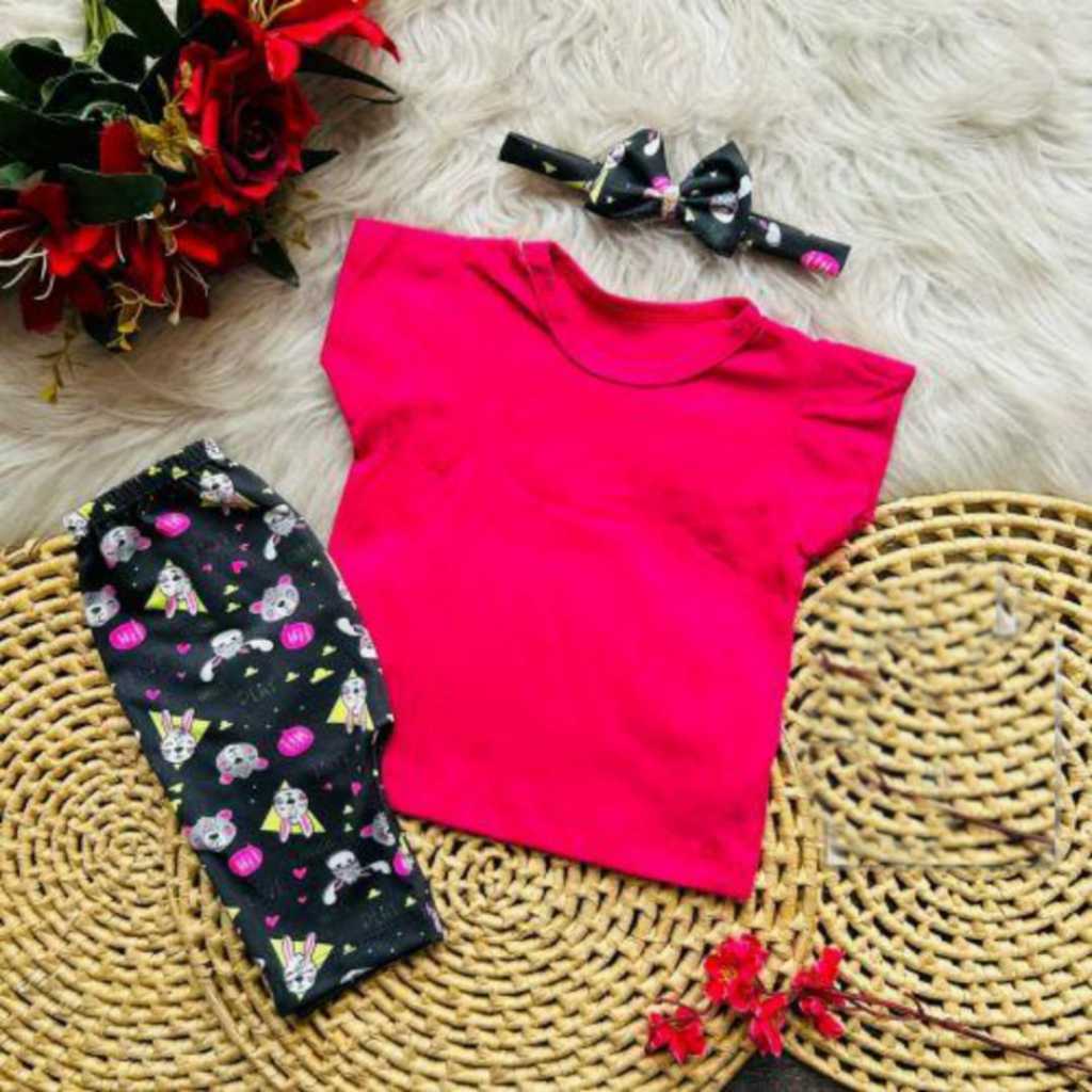 Conjunto blusa e Short estampado fofo + Tiara Bebê Menina  Mesversario Passeio Verão Calor