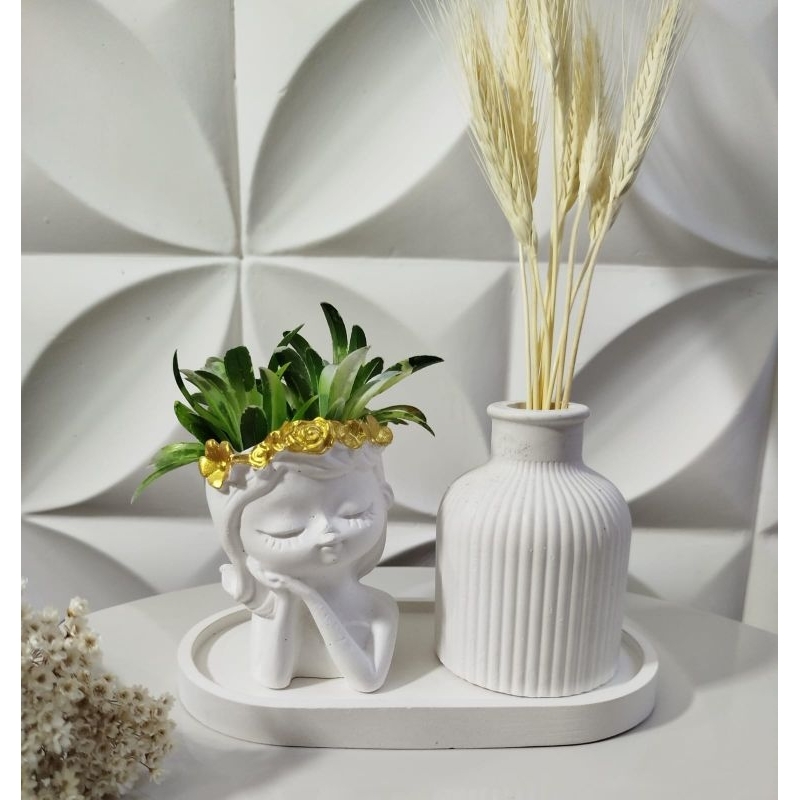Kit 3 peças decoração em gesso vasos flor e bandeja