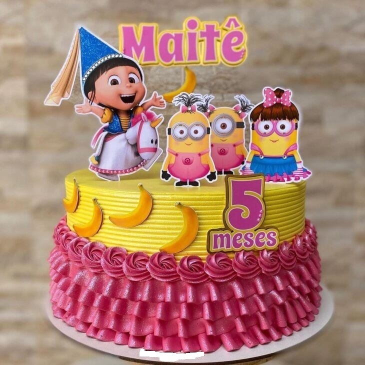 Topo Topper de Bolo Tema Personalizado Minions Meninas Meu Malvado Favorito
