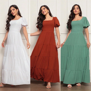 Vestido feminino longo manga curta com detalhe em tecido duna moda evangélica