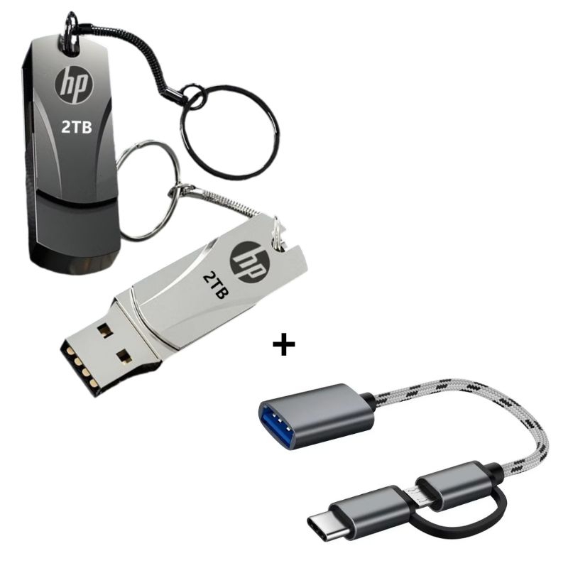 Pen Drive de Metal HP 2TB USB  + Cabo Adaptador USB Tipo C e  V8
