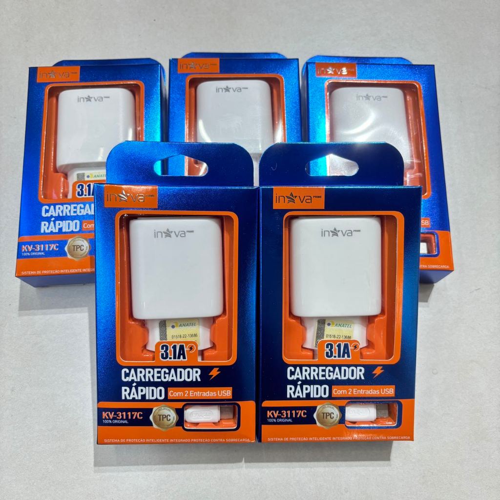 Kit 5pcs Carregador de celular Inova Original 3.1A Com 2USB Micro V8/ Tipo C/iPhone