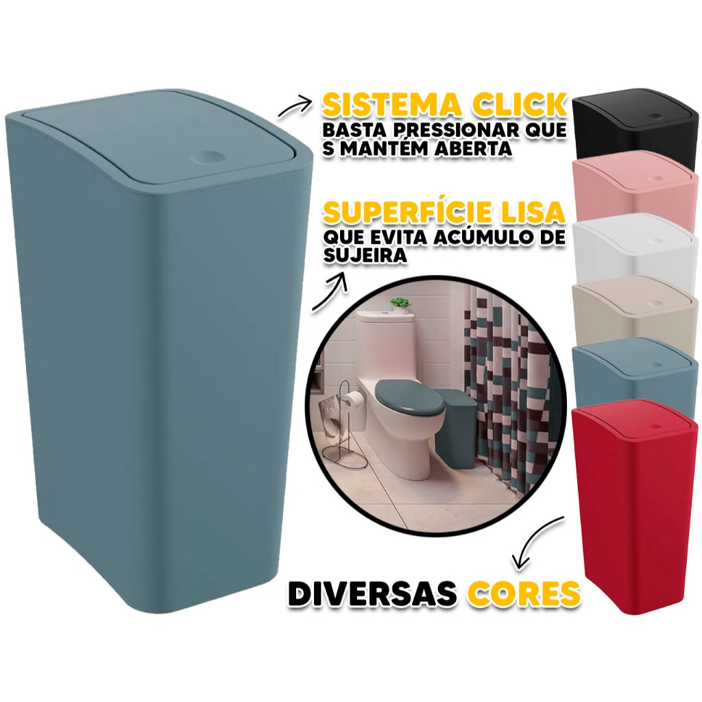 Lixeira Cesto De Lixo Retangular Com Tampa Click Banheiro Lavabo Escritório Cozinha 8 Litros Astra