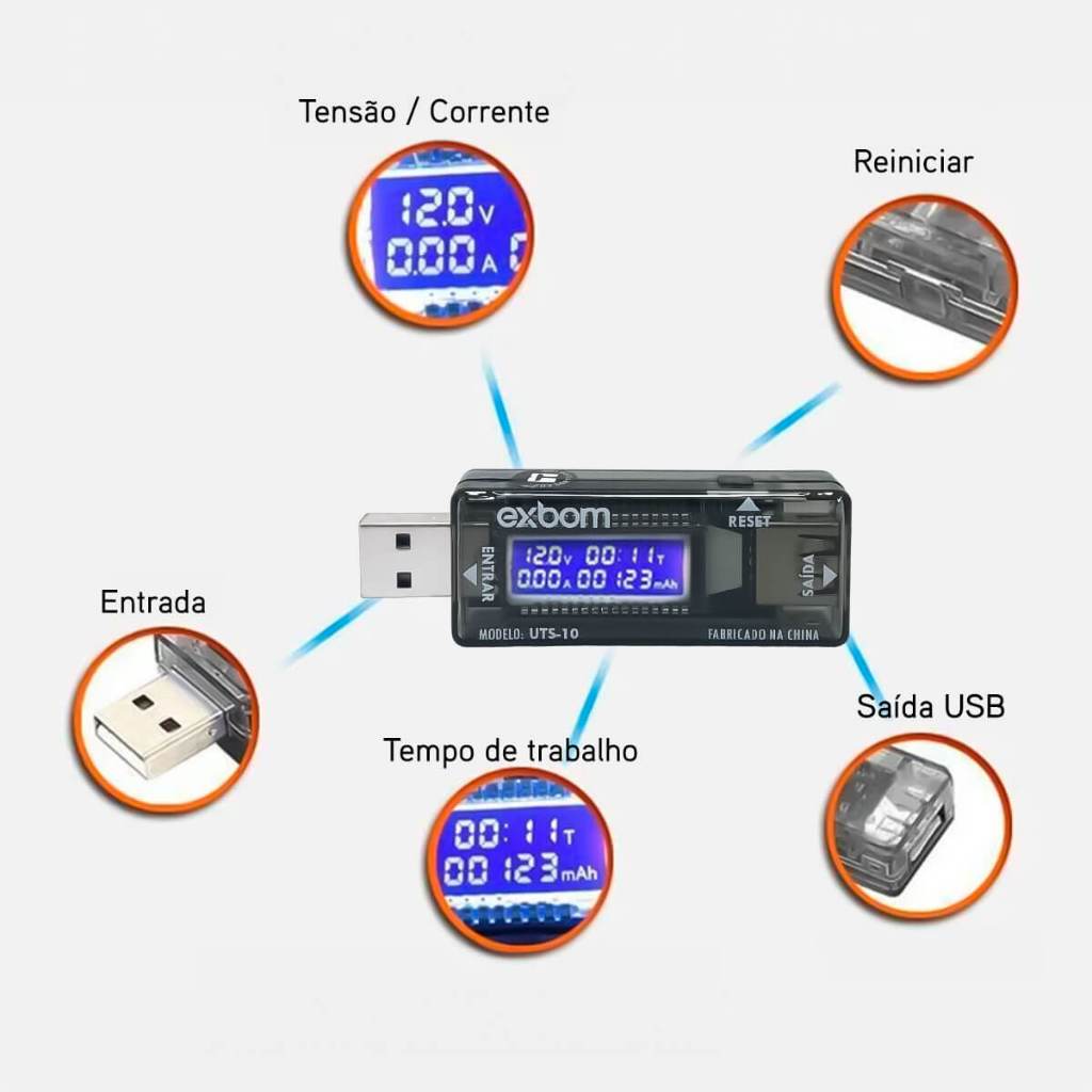 Testador Medidor Voltagem Corrente Amperagem USB Display Digital