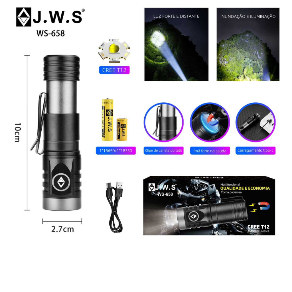 Lanterna Táctica EDC Recarregável Jws Mini-T12 Com  e Imã  2 Modelos de Bateria
