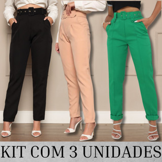 Kit 3 Calças Feminina Social Alfaiataria com Cinto Cintura Alta Skinny Bolso Moda Elegante Premium em Oferta na Shopee