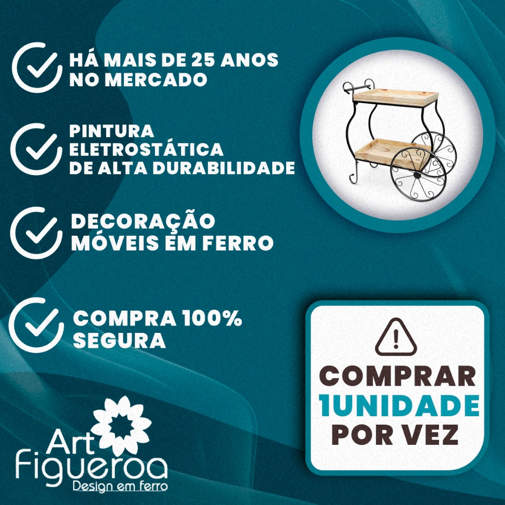 Detalhes do Carrinho de Chá Elegante Com Borda Artesanal Madeira e Ferro p/ Decoração Buffet Festas e Casamentos