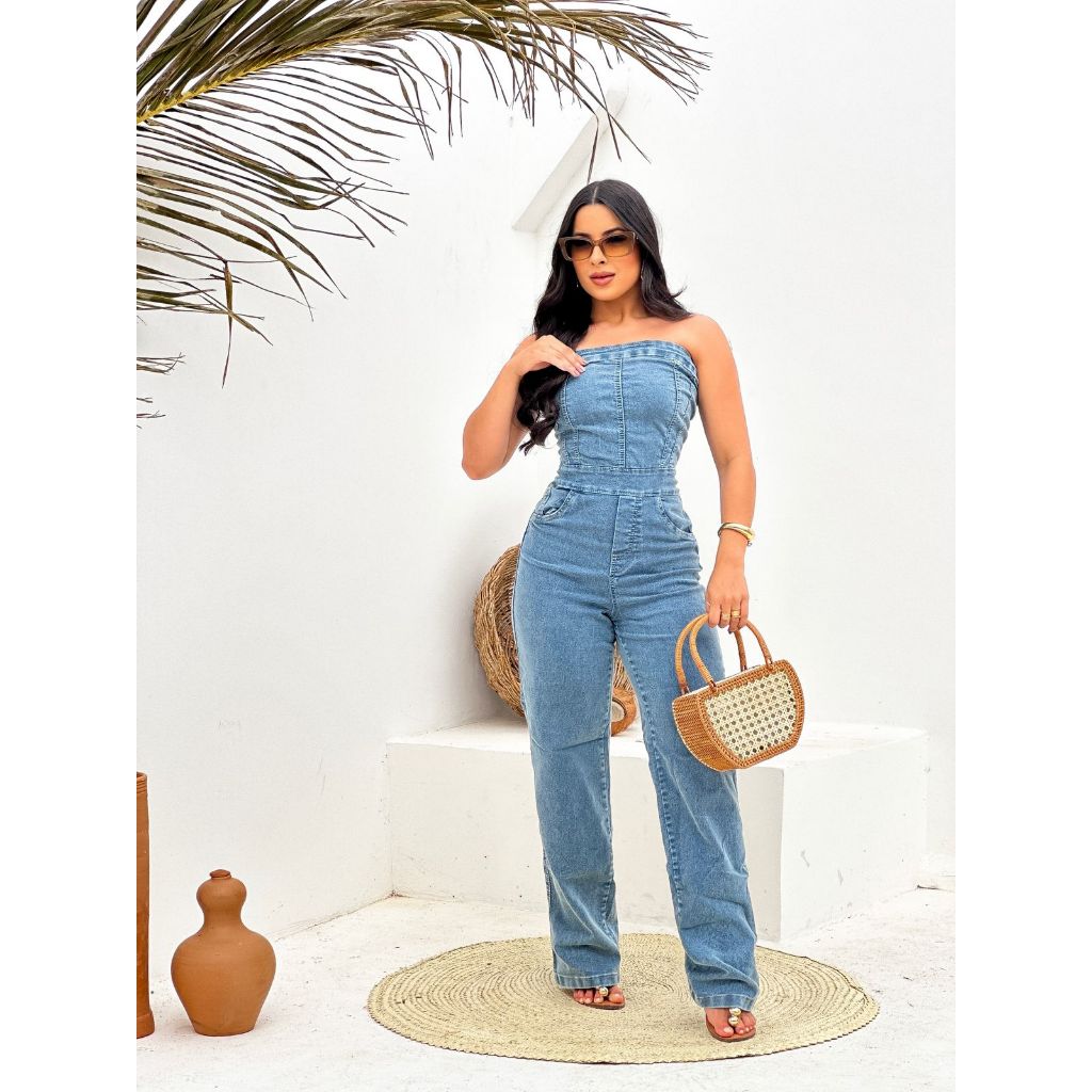 Macacão longo estilo flare jeans feminino tomara que caia com lycra em Oferta na Shopee