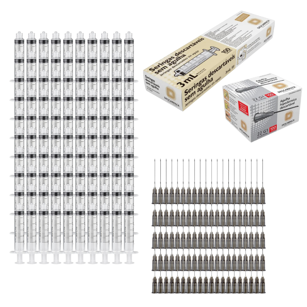 Kit 100 Seringas 3ml Bico Luer lock Descarpack + 100 Agulhas 30x0,7 Descarpack ENVIO NO MESMO DIA UTIL