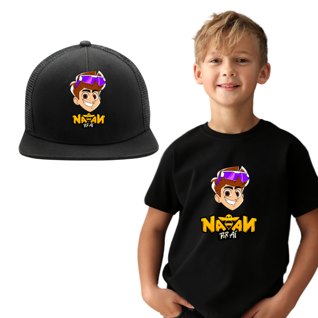 Camiseta + Boné Nattan por ai Youtuber Skate Natan 100% Algodão Presente Infantil Juvenil Preta