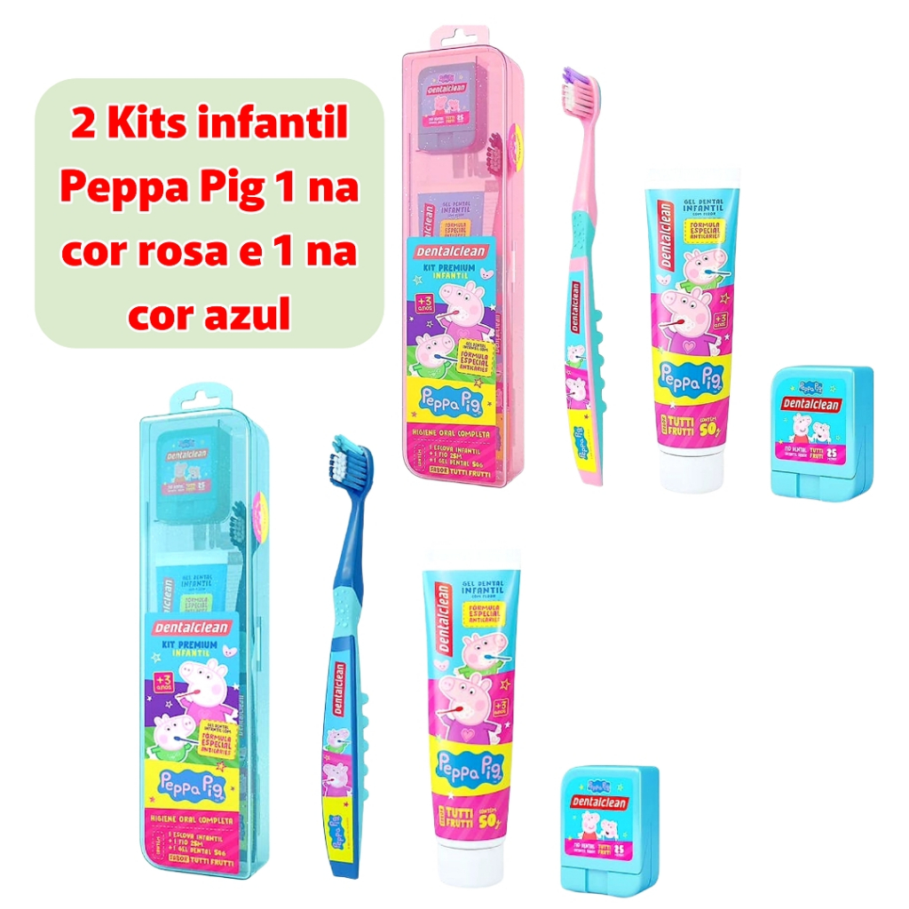 2 Kits Escova de dente infantil + Fio dental + Gel dental Peppa Pig Cores 1 Rosa e 1 Azul