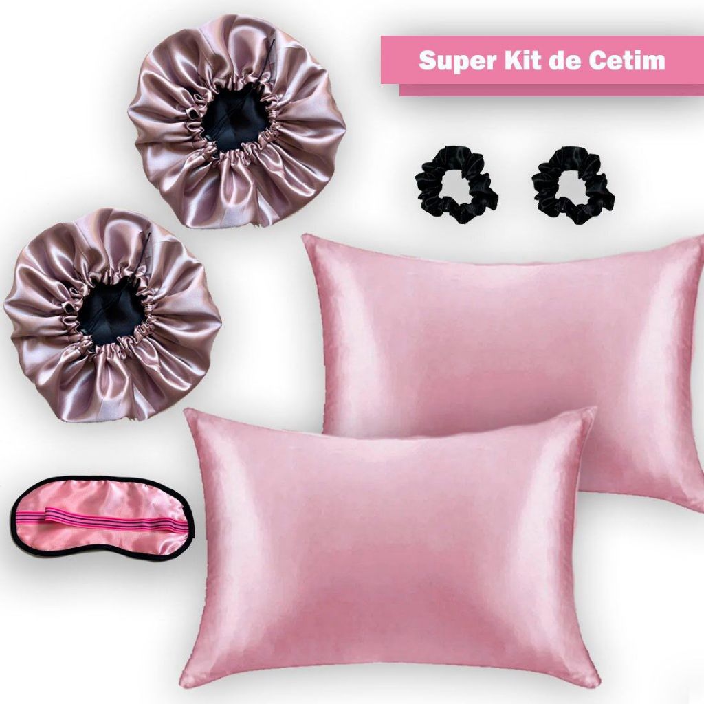 kit Em cetim , 2  toucas dupla face + 2  fronhas + 2  xuxinhas + 1  máscara para dormir