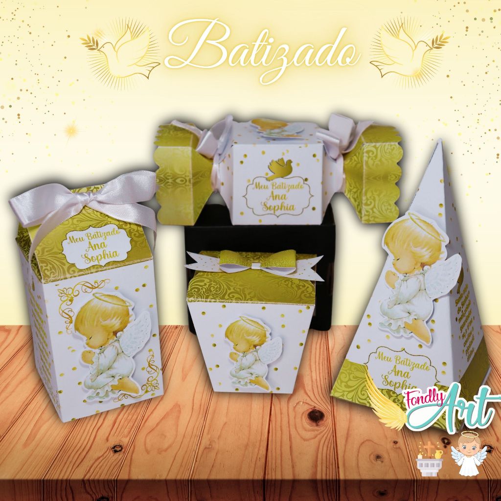 Kit 20 Caixinhas Batizado - 20 caixinhas personalizadas - Tema Batizado/Batismo - Dourado