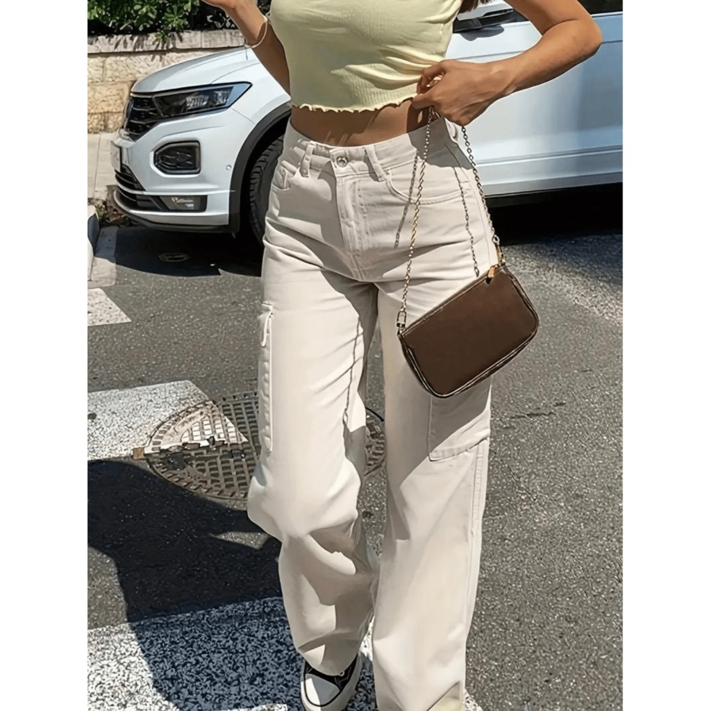 Calça Jeans Wide Leg Cargo Pantalona premium Cintura Alta bolsos lateral Perfeita