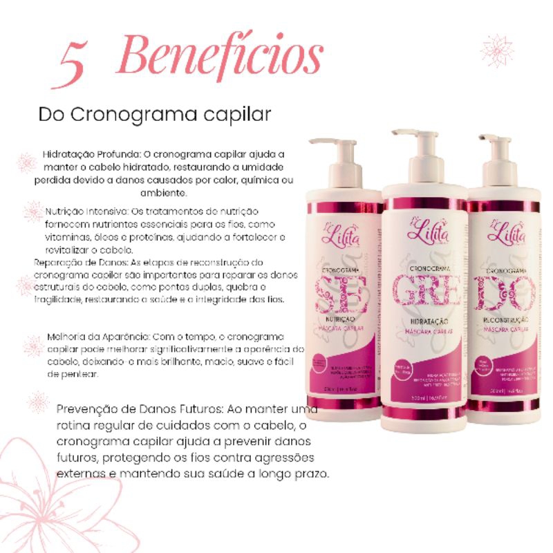 Cronograma Capilar Segredo Lilita cosmeticos 500gr cada Nutrição Hidratação e Reconstrução