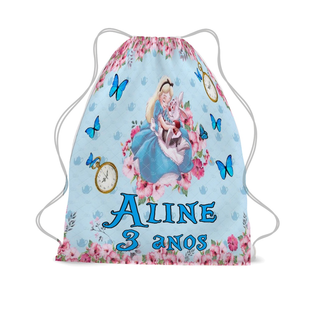 Mochilinha Personalizada Sacolinha Saco Bolsa Bolsinha Mochila Aniversario Lembrancinha  Alice no País das Maravilha