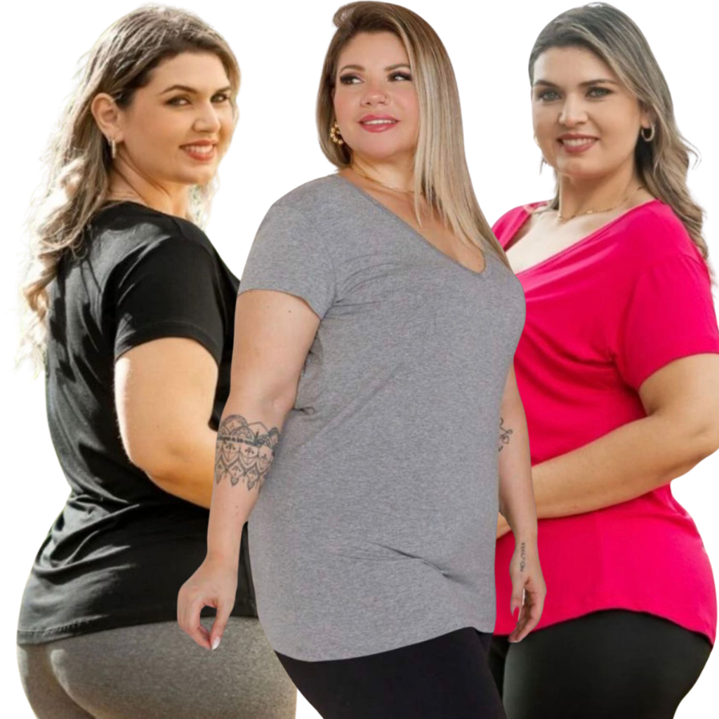 Kit 2 T Shirt Feminina Plus Size Viscolycra Decote Gola V Feminino Do G1 ao G3 Blusinha Academia Fitness Moda Básica em Oferta na Shopee