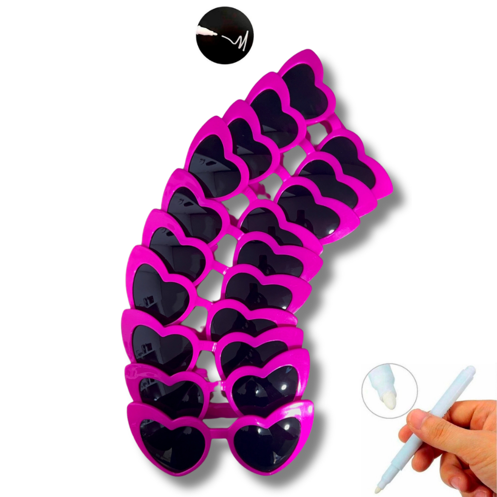 Kit Óculos Coração MADU Com Caneta Giz Para Festa Formatura Casamento Balada