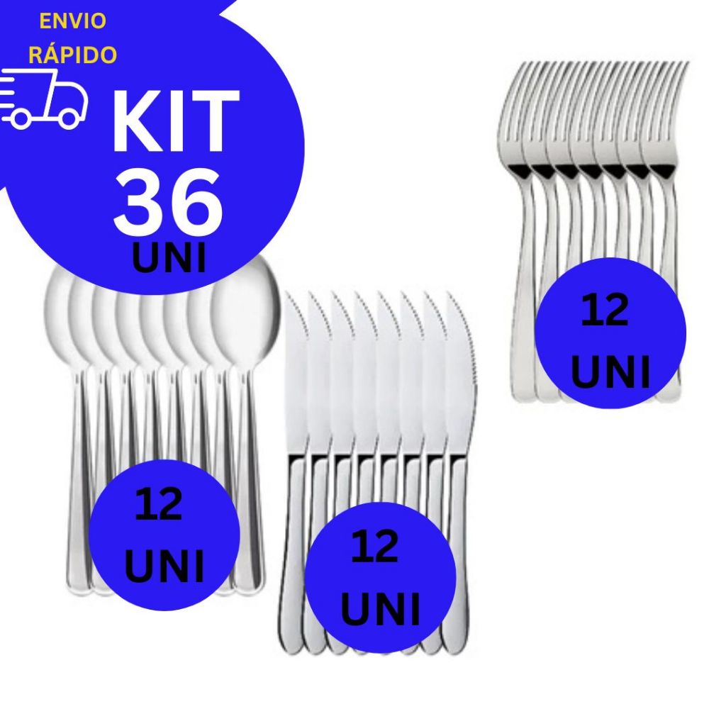Kit C/36 Faca De Mesa Colher de Sopa Garfo de Mesa Inox Para Casa, Bar, Restaurante, Pizzaria, Buffet , Hotel e Pousadas