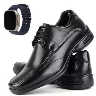 Sapato Social Masculino Ortopedico Ant-stress de Couro Premium Costurado Super Leve Confortável + Relogio