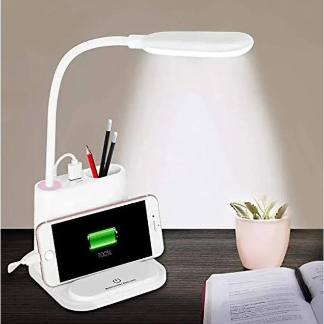 Luminaria De Mesa Led Articulada power bank Usb Sem Fio Recarregável Carregador Celular Porta Lápis Caneta
