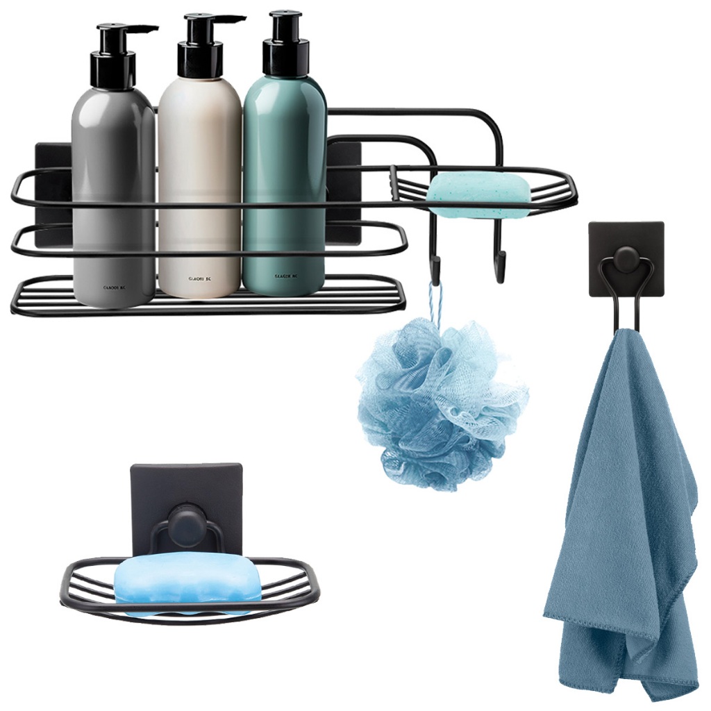Kit 3 Pecas Acessorios Banheiro Saboneteira Gancho Porta Shampoo Fixacao 3m Sem Furo Preto Arthi em Oferta na Shopee