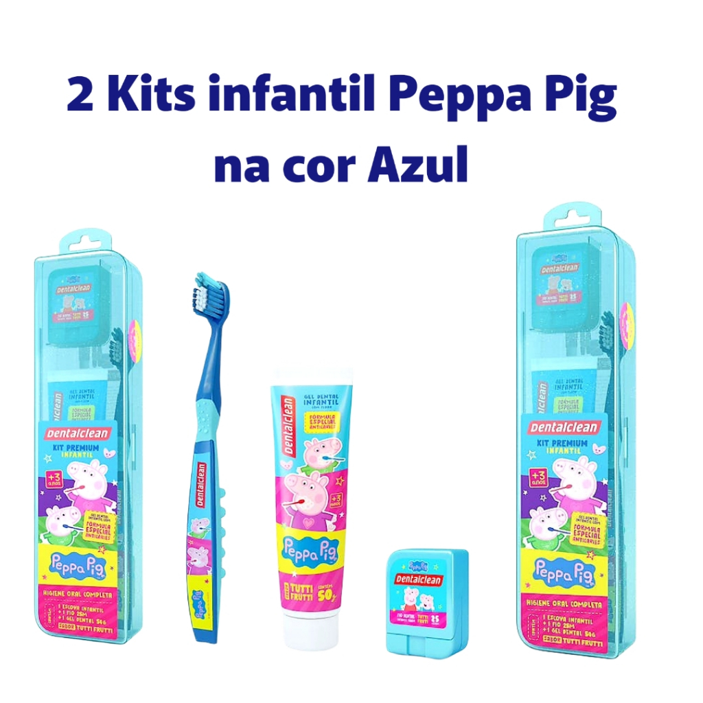 2 Kits Escova de dente infantil + Fio dental + Gel dental Peppa Pig Cor Azul