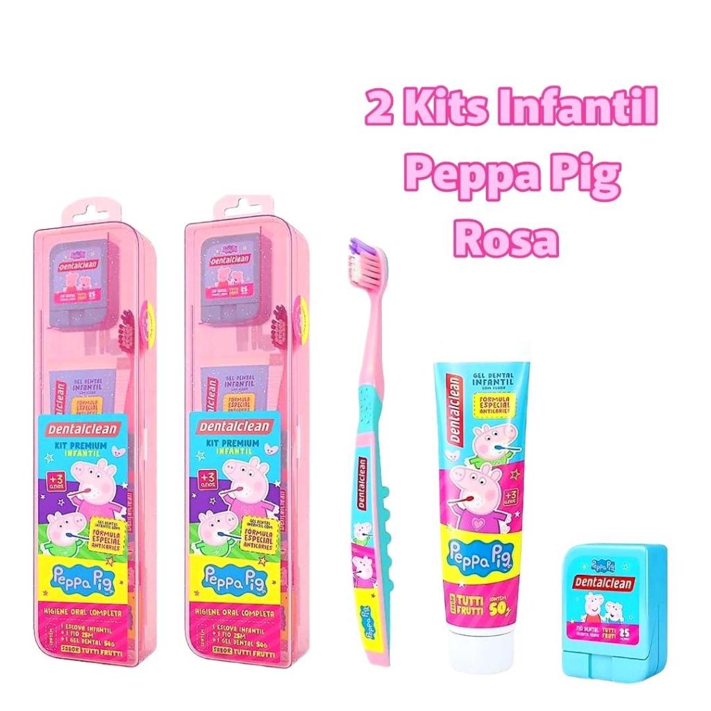 2 Kits Escova de dente infantil + Fio dental + Gel dental Peppa Pig Cor Rosa