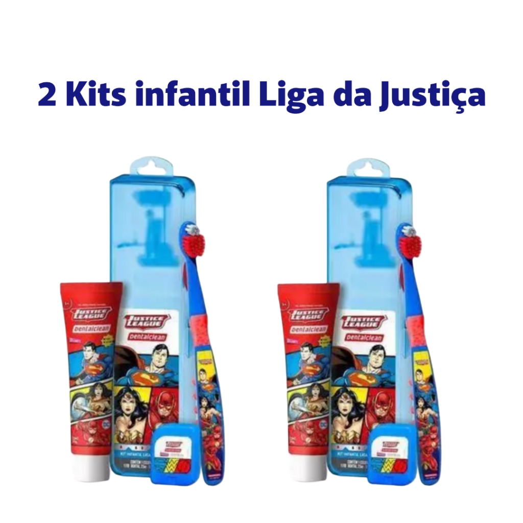 2 Kits Escova de dentes infantil + Fio dental + Gel dental Liga da Justiça