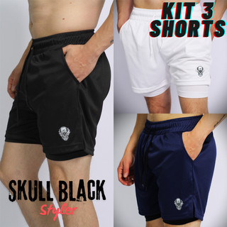 Kit 3 Bermudas Masculina 2 em 1 Microfibra Skull black