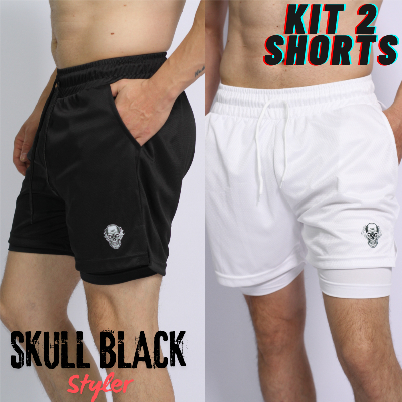 Kit 2 Bermudas Masculinas de Compressão 2 em 1 skull black