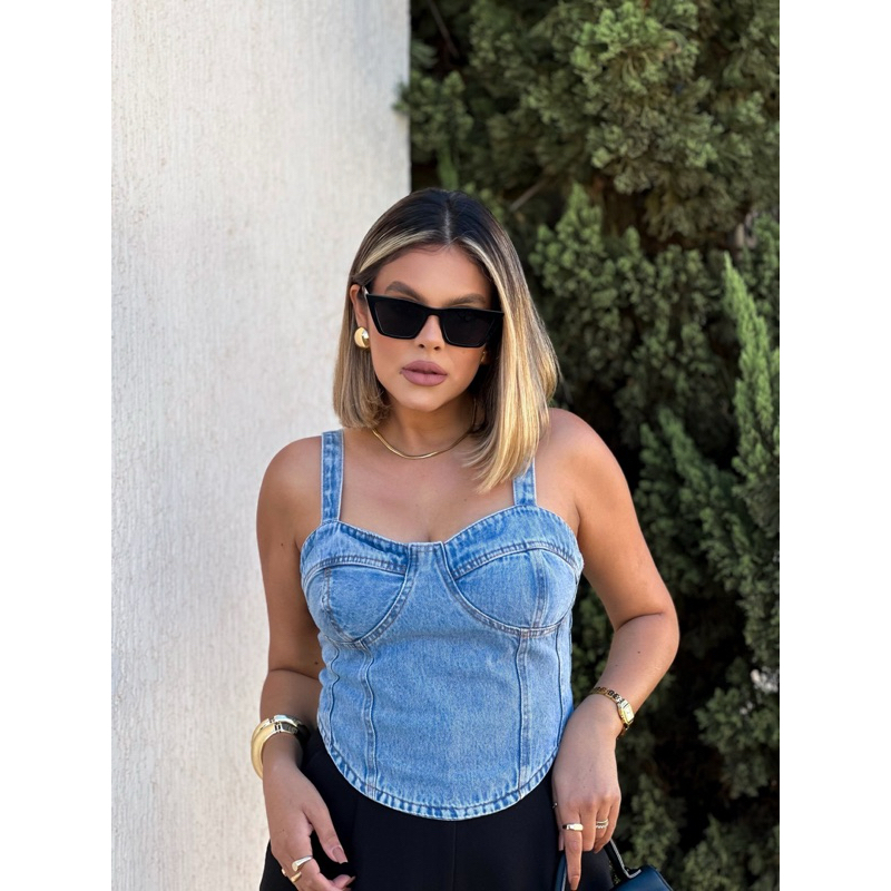 Top Cropped Jeans moda verão com zipe jeans top 148