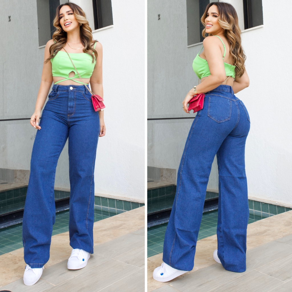 Calça Jeans Feminina Wide Leg Cintura Alta 100% Algodão