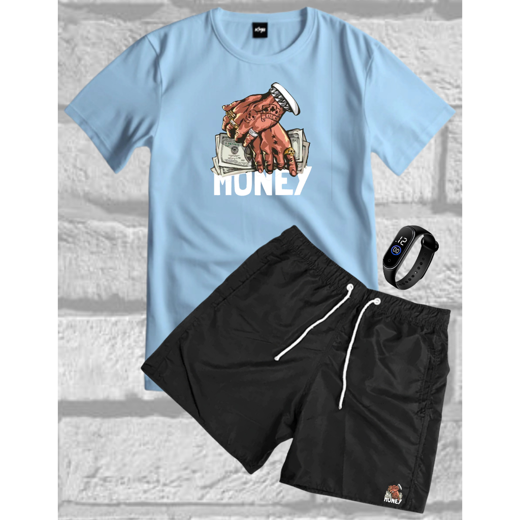 Kit Conjunto Masculino Camisa Money + Bermuda Tactel Leve Estampada + Relogio Digital