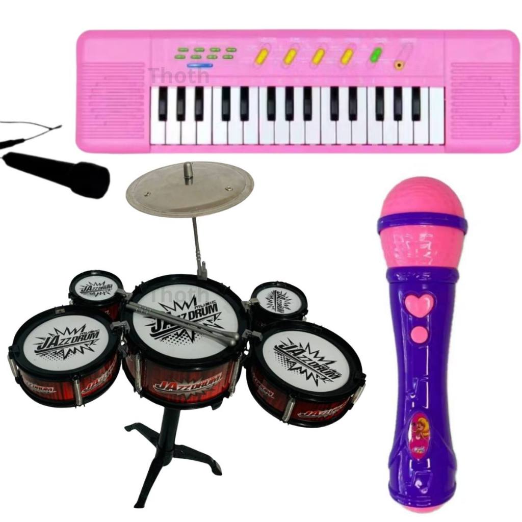 Kit Bateria Teclado Infantil Microfone Rosa Briquedo Menina