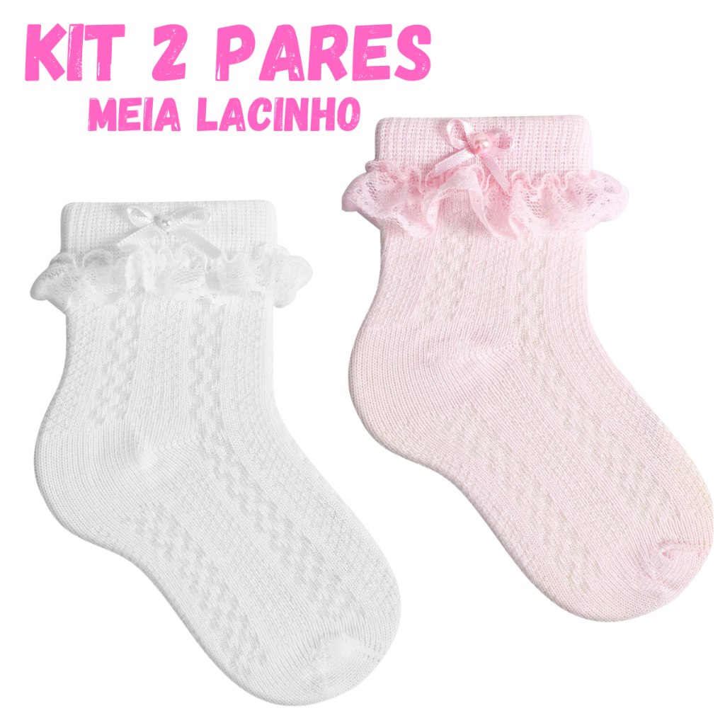 Kit 2 Pares Meia Infantil Batizado Soquete Laço Renda Menina Bebê Casamento Promoção em Oferta na Shopee