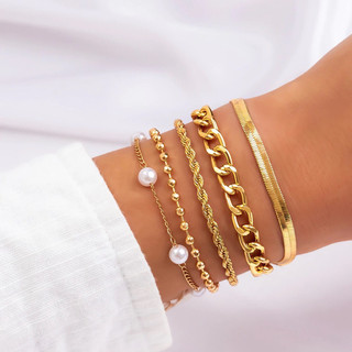 Kit 5 pulseiras dourada corrente e pérola pulseira feminina conjunto bracelete