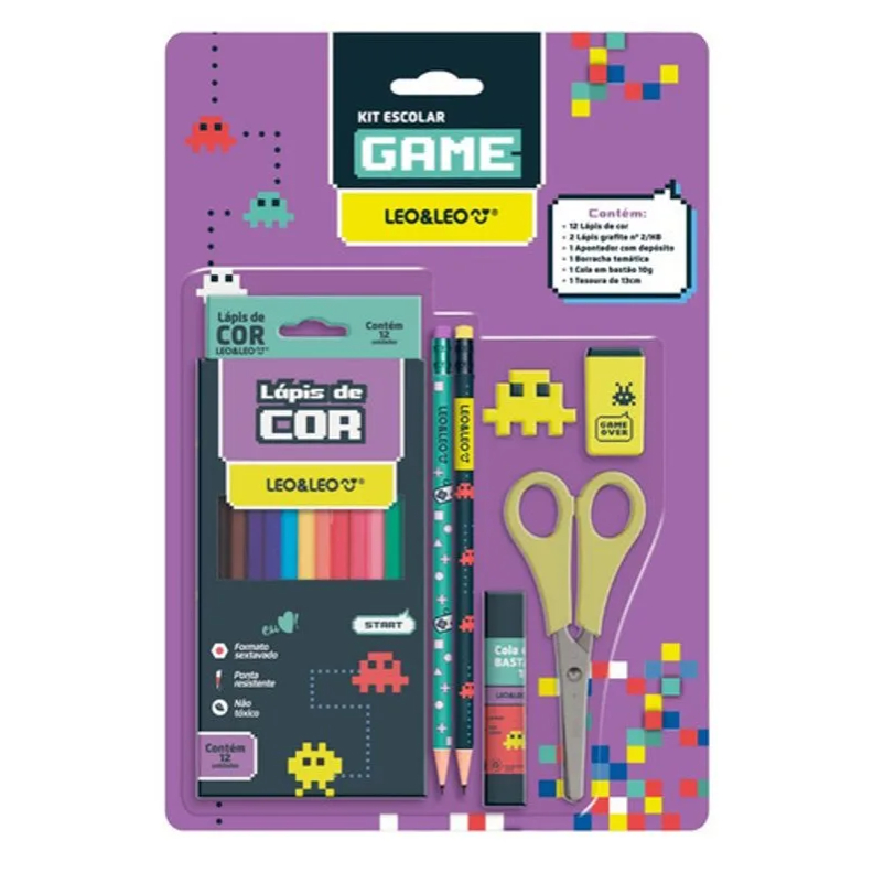 KIT ESCOLAR GAME LEO&LEO / LÁPIS DE COR / PAPELARIA FOFA KAWAII / MATERIAL ESCOLAR