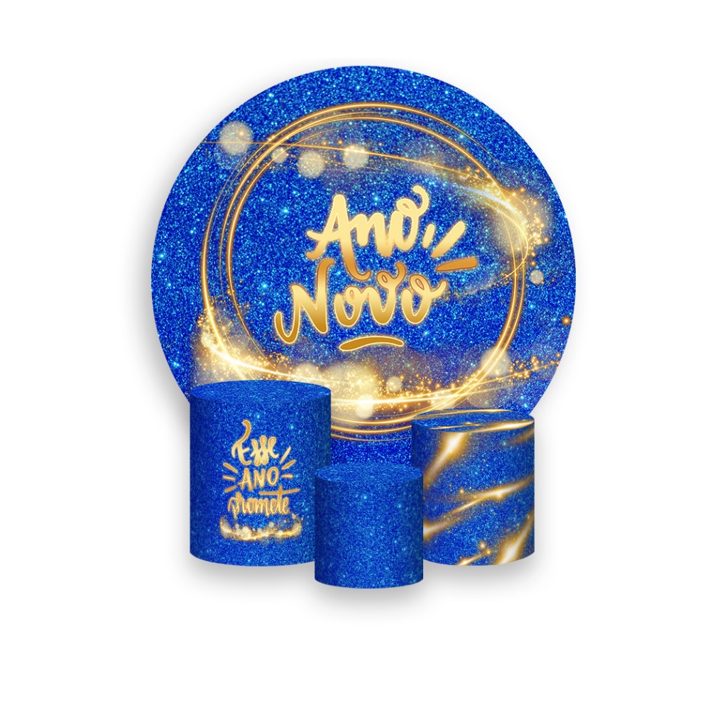 Painel De Festa Redondo + Trio De Capas Cilindro - Ano Novo Azul com Dourado Efeito Glitter 014