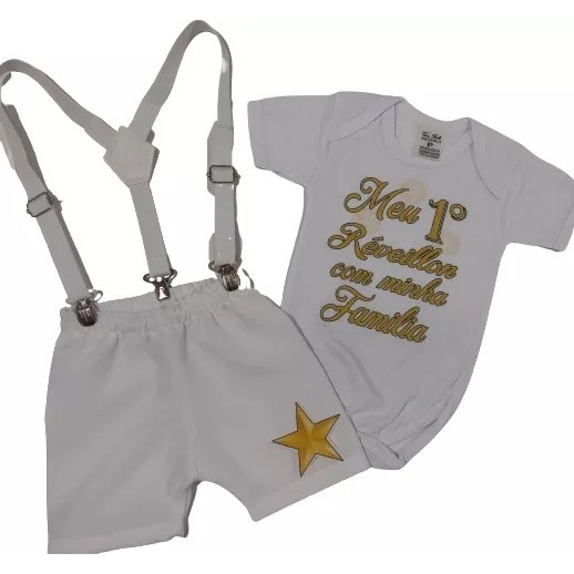 Conjunto Infantil Bebê Menino Roupa Festa Body Meu Primeiro Réveillon Com Short e Suspensório Ensaio Ano Novo