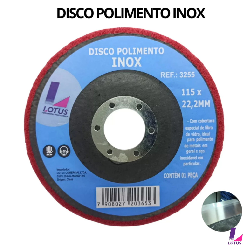 Disco Polimento Limpeza Aço Inox Alumínio Metais em Geral, Ferro, Ferrugem,115x22,2mm- Lotus