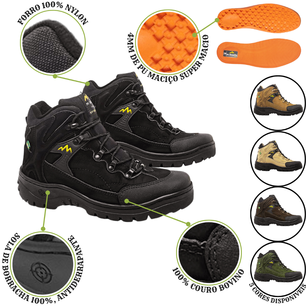 Tenis Trilha Trekking Bota Adventure MBOOTS COURO BOVINO Cano Medio MBTHOR
