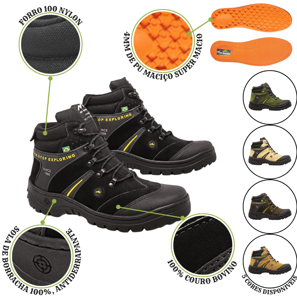 Tenis Trilha Trekking Bota Adventure MBOOTS COURO BOVINO Cano Medio MBRAMBO