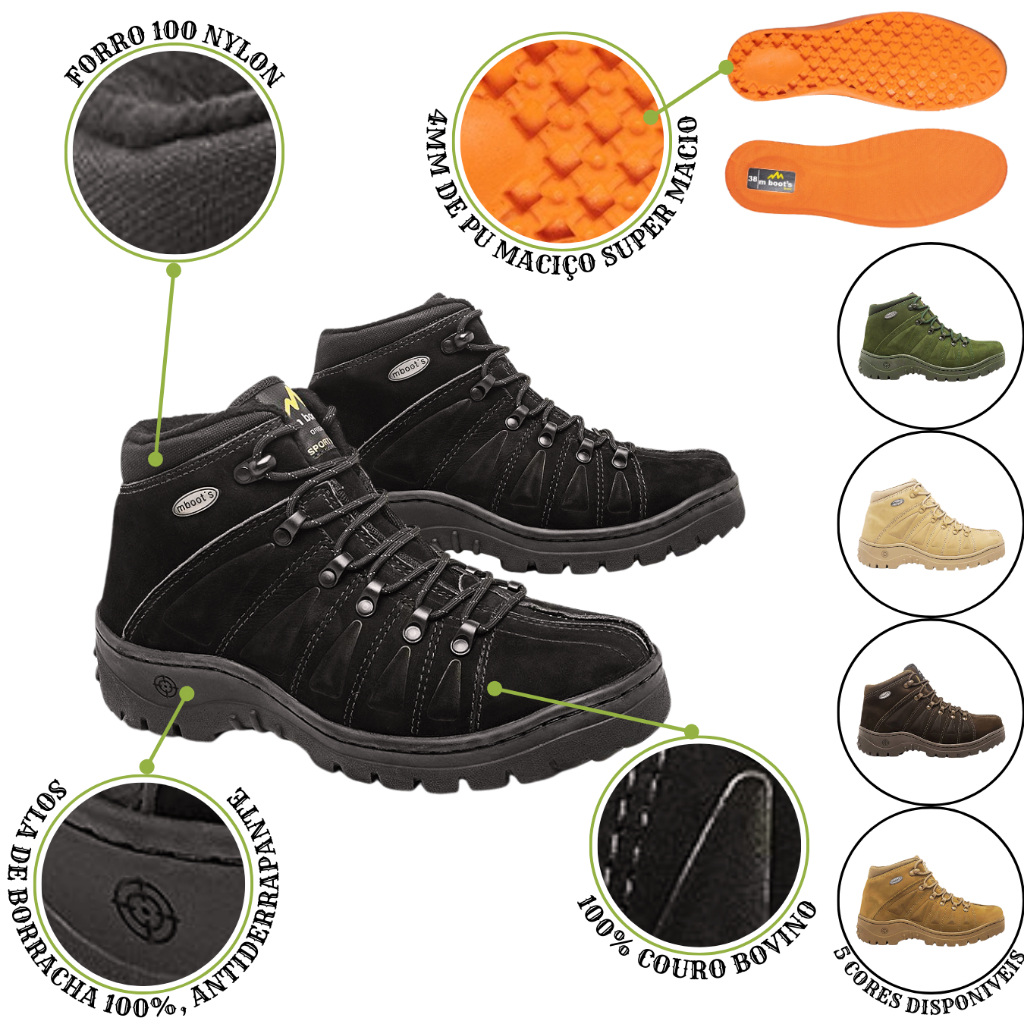 Tenis Trilha Bota Trekking MBOOTS COURO BOVINO Cano Medio MBODIN
